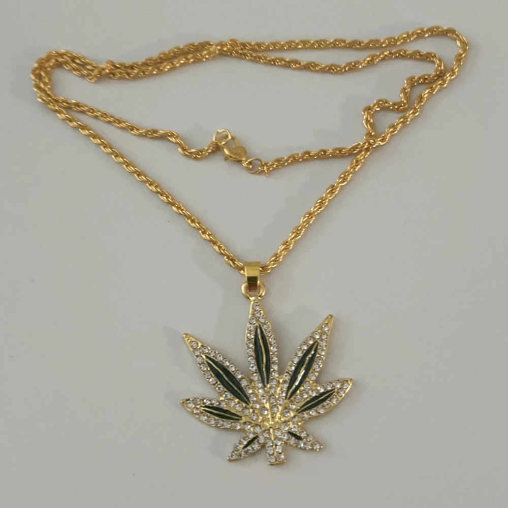 Gold Rhinestone Pot Leaf Chain